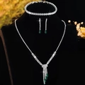 Silver bridal jewelry set with emerald green zircon tassels and teardrop necklace - Silver & Green Tassel Jewelry 3-Piece Set (PJ--T0099--2)