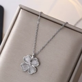 Elegant four-leaf clover necklace with white cat eye stone and cubic zirconia pendant - Silver Cat's Eye Clover (O-Chain)