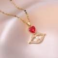 Collier en titane doré avec cœur rouge, pendentif lèvres serti de diamants et perle - Style Coeur Lèvres Rouge (X2497)