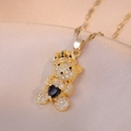 Golden crown bear pendant necklace with sparkling zircons and heart stone on silk - Black Heart Style / Gold Black Heart Bear
