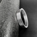 Silver stretch watch-link ring with vertical ribbed industrial metal textures - Wide Elastic Cuff / Silver