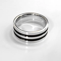 Polished titanium steel band ring for couples featuring dual black enamel inlay stripes - Size 6 / 2 Grooves Style / 8mm / Silver