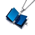 Stainless steel book locket necklace in silver with a vibrant blue metallic inner page - Blue And Steel