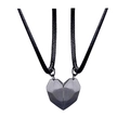 Magnetic heart couple necklaces with grey matte stone pendants on black braided ropes - Combination 2 (All Black)
