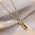 Elegant titanium steel necklace with colorful zircon stones on a bamboo-style pendant - Colorful Bamboo Style (X0564)