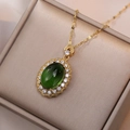 Vintage emerald green zircon pendant necklace in gold titanium steel with diamond halo - Green (X1053)