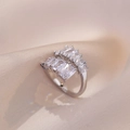 Silver open ring featuring double-row crisscross zircon stones on elegant silk background - Silver Double Row Baguette Zircon Style (J117)