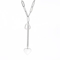 Silver stainless steel necklace with hollow and solid heart charms on asymmetric Cuban chain - Steel