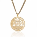 Golden stainless steel necklace featuring cutout Egyptian Horus Eye and Ankh pendant - Cable Chain / Gold