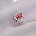Adjustable silver ring with rectangle red zircon halo setting on silk background - Adjustable Open / Emerald Red