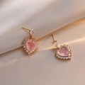 Pink heart-shaped zircon earrings with gold settings and halo diamonds on satin - Earrings Only / Pink Heart