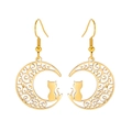 Golden titanium steel drop earrings featuring moon and sitting cat silhouette design - Gold