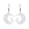 Silver stainless steel moon and cat earrings with intricate hollow patterns - Steel
