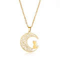 Gold stainless steel crescent moon and cat pendant necklace on a clean white background - Single Cat On Moon (ASS2023042403) / Gold Style 1 (Single Cat)