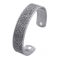 Retro punk magnetic therapy open bangle with Celtic knot patterns in matte grey steel - Antique Silver