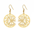 Golden stainless steel hook earrings featuring a round Vegvisir Viking compass symbol - Viking Compass Hollow Round Style / Gold