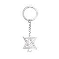 Polished silver stainless steel hex star keychain with artistic AS geometric cutout - Silver