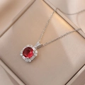 Elegant emerald-style ruby pendant necklace with vintage halo setting in velvet box - Red Gemstone Necklace (X2303)