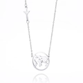 Silver stainless steel world map necklace with small airplane pendant on white background - Steel