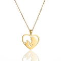 Golden heart necklace with woman and cat silhouette pendant on polished O-chain - Gold