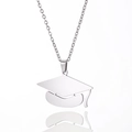 Minimalist silver stainless steel graduation cap pendant necklace with tassel detail - Steel