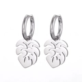 Silver tropical monstera leaf dangle hoop earrings in polished stainless steel for women - Steel