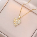Golden heart necklace with micro-paved zircons and asymmetric drop stones on fine chain - Gold Heart Style (X2842)