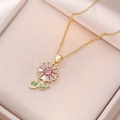Elegant sunflower pendant necklace with pink and green zircon in a pink jewelry box - Gold Pink Purple Style (X1884)