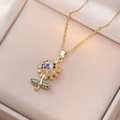 Golden sunflower necklace with multicolored zircon pendant on a silk jewelry box - Gold Multicolor Style (X2010)
