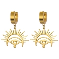 Polished gold stainless steel hoop earrings featuring radiant Horus Eye drop pendants - Gold Radiant Eye