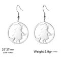 Silver stainless steel witch on broomstick earrings in circle frame with dimensions - Steel