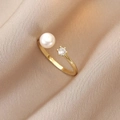 Elegant gold open ring featuring a round freshwater pearl and sparkling cubic zirconia - Freshwater Pearl Ring (J0317)