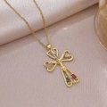 Gold crucifix necklace with colorful cubic zirconia and heart hollow design on silk background - Multi-color Stone Cutout Heart Cross Necklace (X2753) / Gold Multicolor