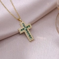 Elegant gold cross pendant necklace with green crystals and white zircon on silk fabric - X3651 Gold Green Gemstone Style