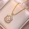 Vintage gold necklace with colorful enamel flower pendant in rectangular filigree design - Enamel Flower Style (X3154)