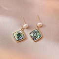 Vintage geometric necklace set with freshwater pearls, emerald zircon and shell inlay - Abalone Shell Rhombus Freshwater Pearl Earrings (E0010) / 1 Pair Pack / Gold
