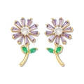 Elegante Sonnenblumen-Ohrstecker mit lila Edelsteinblättern und grünen Blattakzenten - Sonnenblume Ohrstecker / Lila Gold