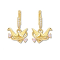 Elegante gouden origami kraanvogel oorbellen met roze zirkoon en ronde pavé-knop ontwerp - Papieren Kraanvogel Oorbellen (E1284) / Goud