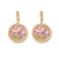 Detailansicht der Vintage-Ohrringe mit Lotusblüten, lila Emaille und Perlenakzenten - Lotus Perlenohrringe (E1419)