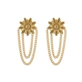 Detail of gold daisy flower stud earrings with elegant hanging tassel chain link fringe - Gold Daisy Tassel Style (ES110493)