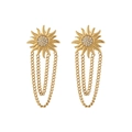 Golden sunburst drop earrings with sparkling crystals and elegant three-layer fringe chains - Gold Sun Rhinestone Tassel Style (ES110495)