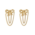 Elegant gold bow earrings with cascading double chain tassels and vintage hammered texture - Gold Bowknot Tassel Style (ES110496)