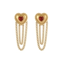 Detail of vintage gold heart earrings with red gemstones and hanging fringe chains - Red Heart Faux Gemstone Tassel Style (ES110492)