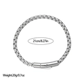 Detail of silver stainless steel box chain bracelet showing 21cm length and 20g weight - Silver Box Chain (SL110066) / Silver