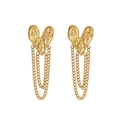 Golden irregular lava heart earrings with dangling curb chains in stainless steel - Gold Hammered Heart Tassel Style (ES110494)