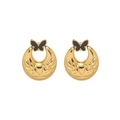 Vintage gold butterfly earrings with black enamel detail and engraved leaf textures - Black