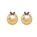 Close-up of golden crescent earrings featuring elegant purple enamel butterfly details - Purple