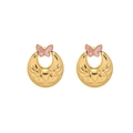 Close-up of golden crescent earrings with pink butterfly and vintage leaf patterns - Pink