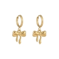 Detailed macro view of golden bow pendant earrings with polished mirror finish - Bowknot Style (ES110530)