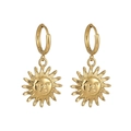 Elegant gold titanium steel hoop earrings featuring creative sun face pendants for women - Sun Face Style (ES110532)